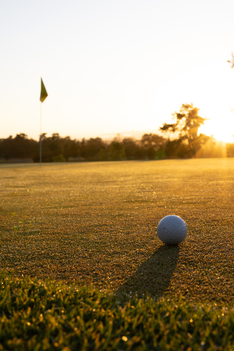 Golf ball on grassy landscape against trees and clear sky during sunset, copy space. green, unaltered, golf course, sport and nature concept.